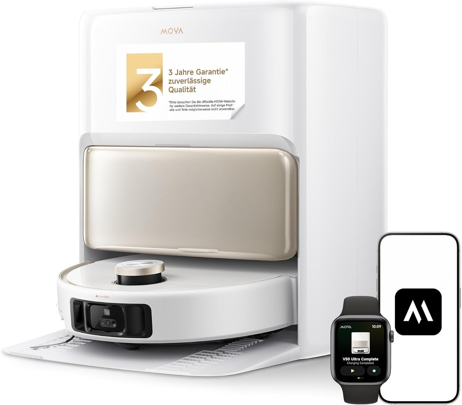 61JSQXNnjDL._AC_SL1500 Mova V50 Ultra Complete Saugroboter mit Wischfunktion 24.000 Pa, 6cm Hindernisüberwindung, Liftable Navigation+RGB AI+LED, 80℃ Heißwasserwäsche & 63℃ Selbsttrocknung, DuoSolution System, Tricut Bürste