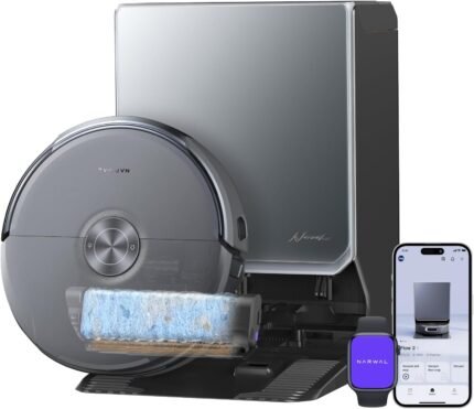 NARWAL Flow 2 Saug- und Wischroboter mit All-in-One-Station, FlowWash-Wischsystem mit 60 °C Heißwasser, 31.000 Pa Saugkraft, CarpetFocus™-Technologie, 100 °C Moppwäsche und 60 °C Heißlufttrocknung