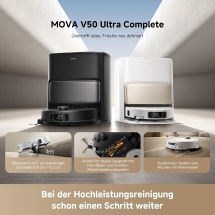 Mova V50 Ultra Complete Saugroboter mit Wischfunktion 24.000 Pa, 6cm Hindernisüberwindung, Liftable Navigation+RGB AI+LED, 80℃ Heißwasserwäsche & 63℃ Selbsttrocknung, DuoSolution System, Tricut Bürste