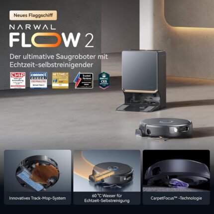 NARWAL Flow 2 Saug- und Wischroboter mit All-in-One-Station, FlowWash-Wischsystem mit 60 °C Heißwasser, 31.000 Pa Saugkraft, CarpetFocus™-Technologie, 100 °C Moppwäsche und 60 °C Heißlufttrocknung