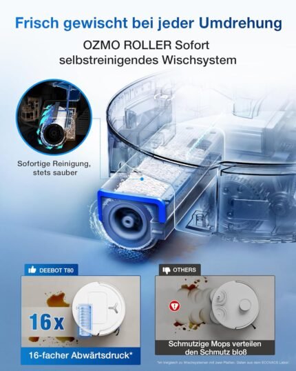 ECOVACS DEEBOT T80 Omni Saugroboter mit Wischfunktion, 18.000 Pa, OZMO Roller Wischwalze mit kontinuierlicher Frischwasser-Selbstreinigung, ZeroTangle 3.0, Moppwäsche mit 40-75℃ heißem Wasser, Weiß